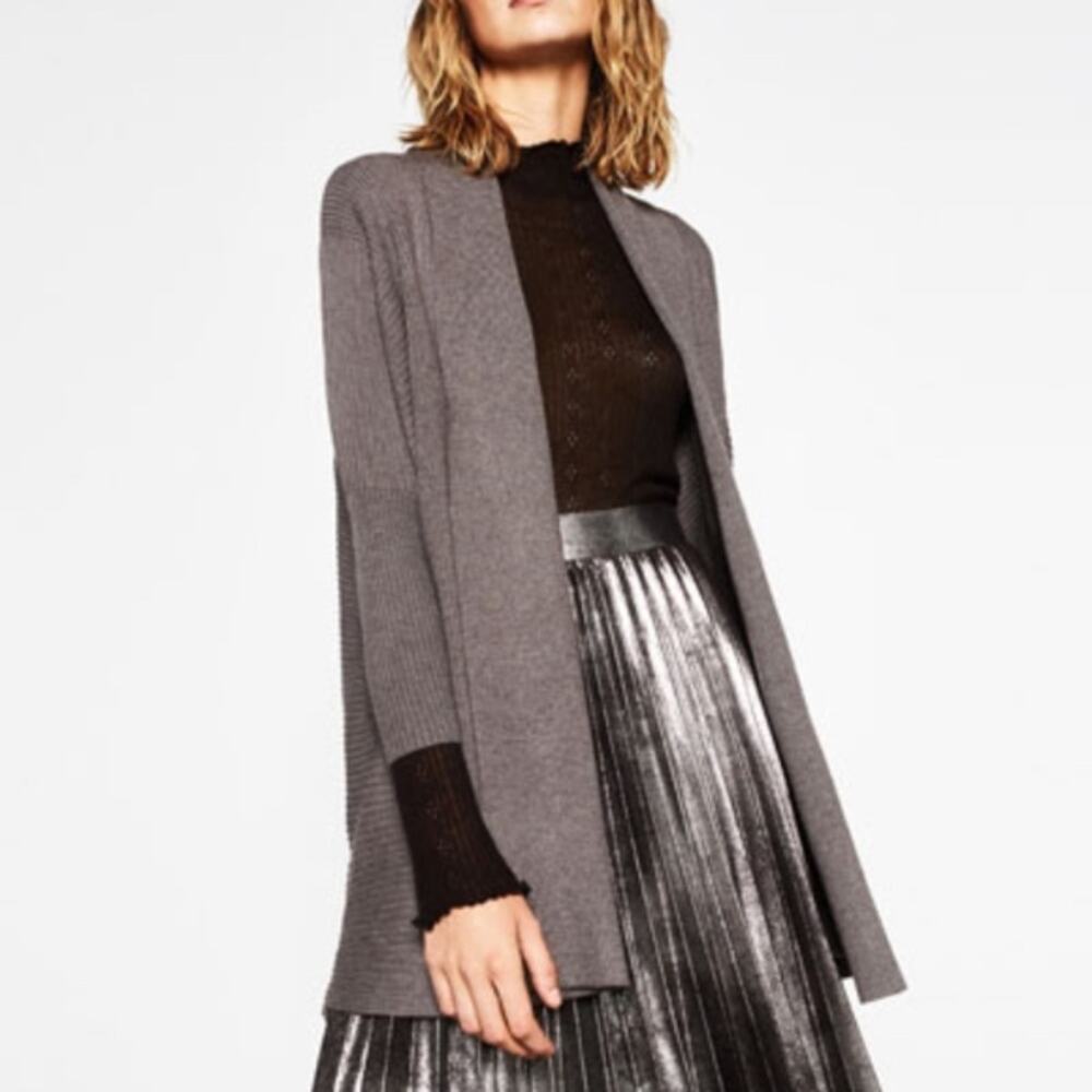 Zara Knit Gray Ribbed Open Front Batwing Cardigan Sweater M
